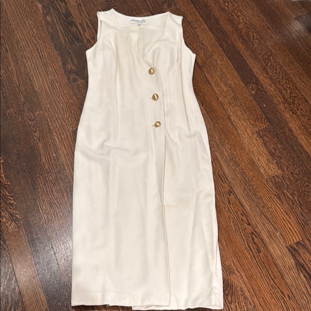 Vintage Jessica Ash Elegant White Sleeveless Dress asymmetrical gold buttons 6